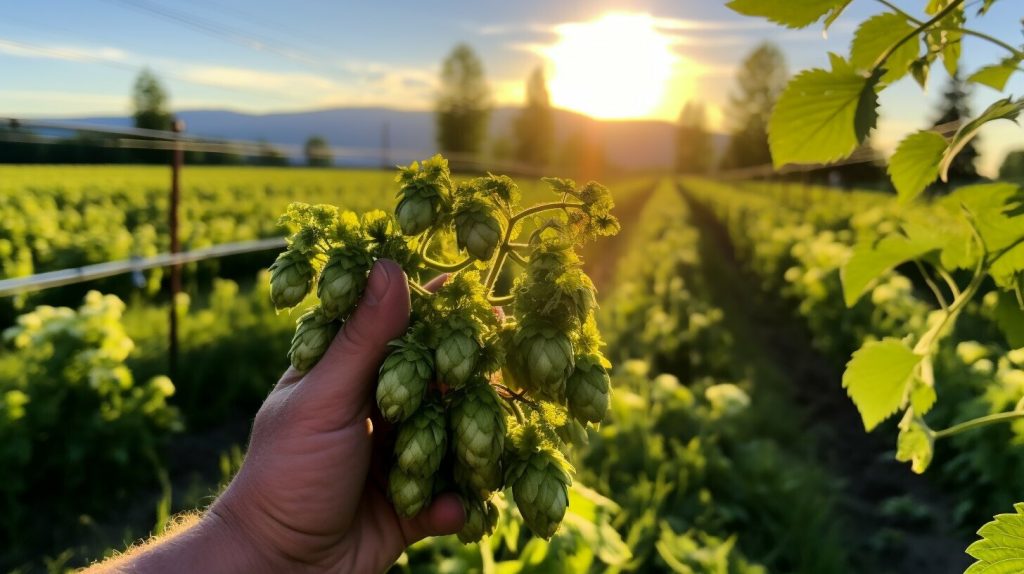 Hand holding fresh hop cones in a sprawling hop field at sunset with mountains in the background