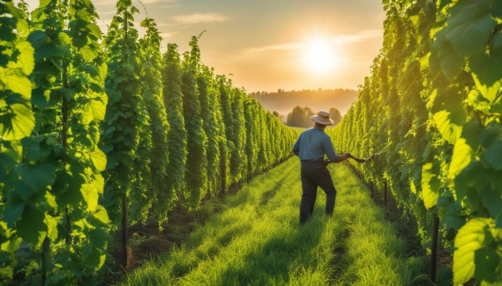 Farmer inspecting hop plants in rows at sunrise, walking through lush green hop garden at golden hour