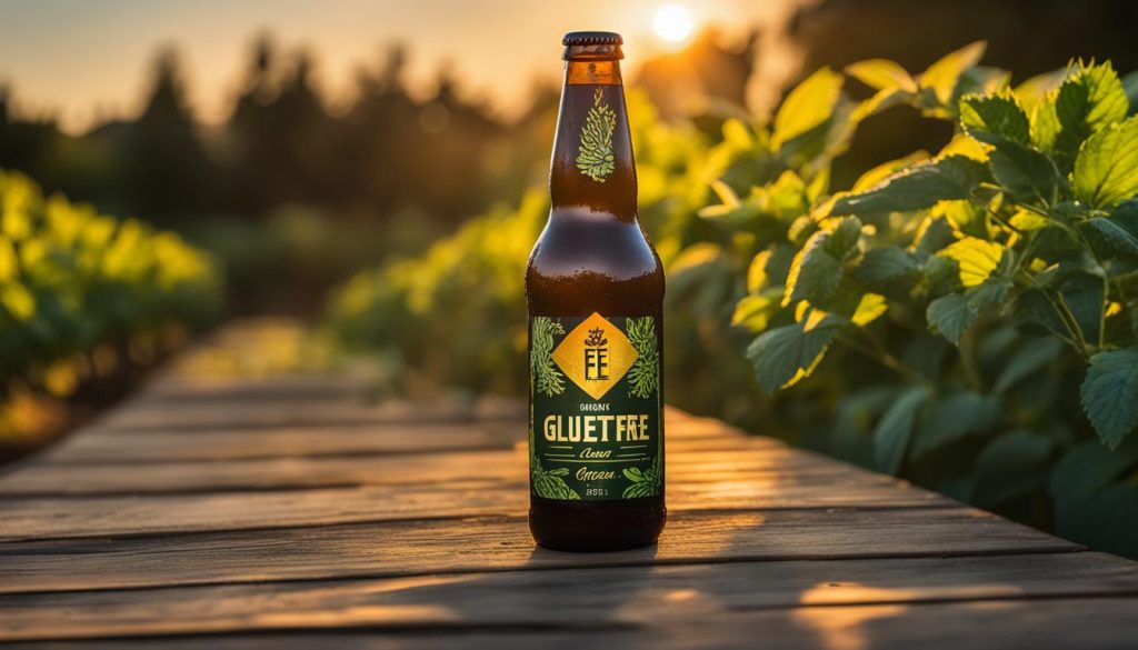 Gluetfre beer bottle on wooden surface surrounded by hop plants at sunset with forest background