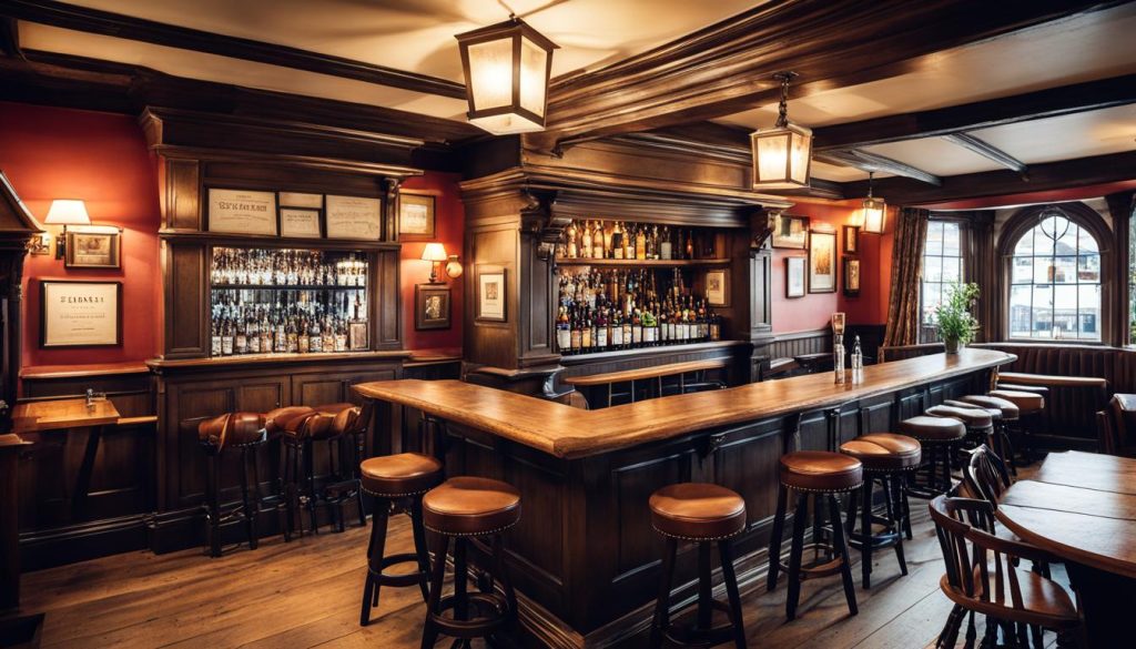 Upscale pub interior with dark wood bar, leather stools, wine bottles on shelves, red walls, hanging lanterns, and large windows