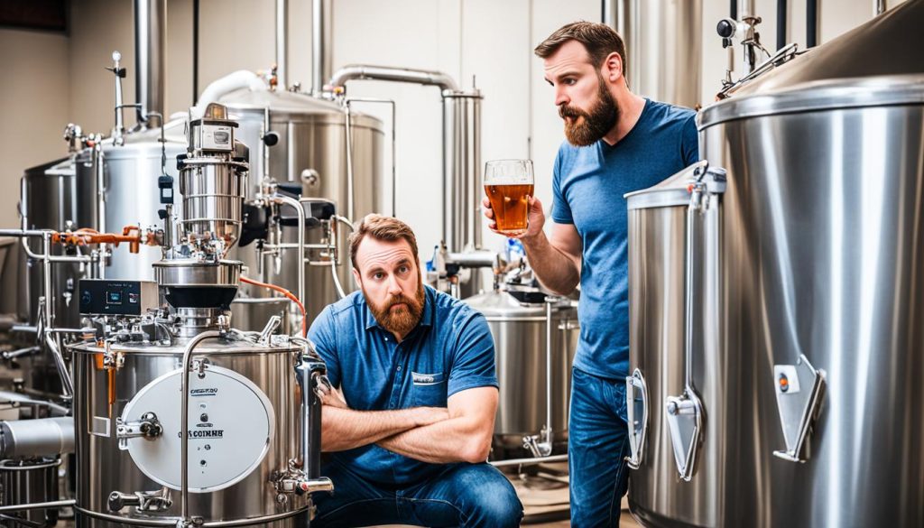 Two bearded brewers in blue shirts examine beer in a craft brewery with stainless steel fermentation tanks and brewing equipment