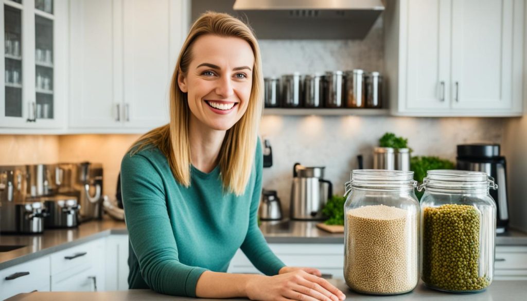 Woman in teal shirt smiling in modern kitchen with white cabinets, standing beside glass jars of grains and legumes on counter