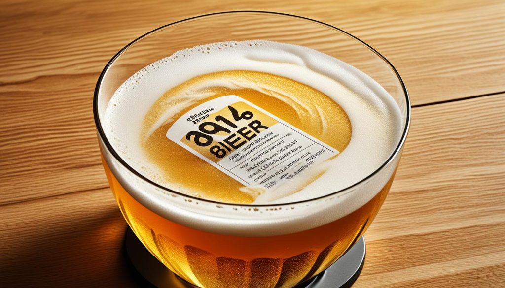 Glass of pale lager beer with thick white foam head and label visible on wooden surface