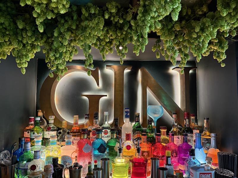 Illuminated gin display with neon sign, colorful spirit bottles, and hanging hop garlands overhead in modern bar setting