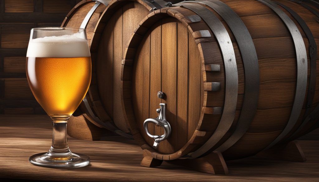 Glass of golden beer with white foam beside wooden barrels with metal bands and tap in brewery setting