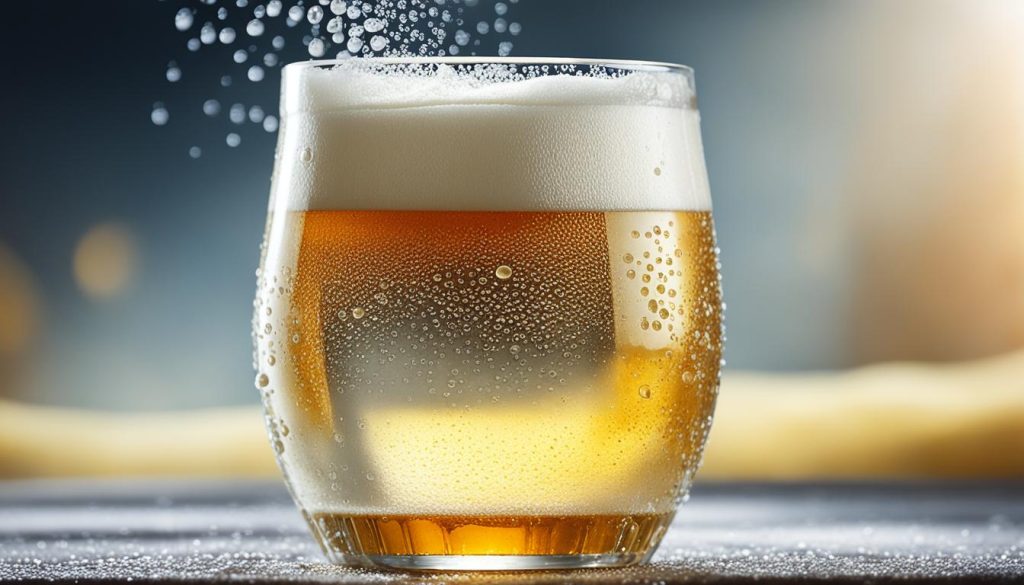Glass of beer with thick white foam head and golden liquid, condensation droplets on glass, bubbles rising, blurred background