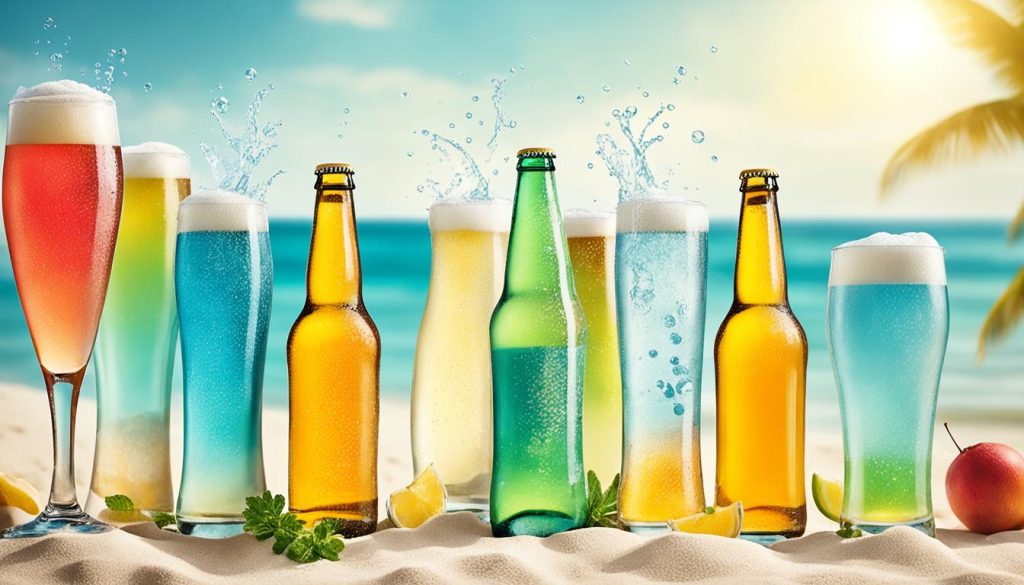 Assorted colorful beers and beverages on beach sand with ocean backdrop, water splashes, lemon slices, mint garnish, and palm trees