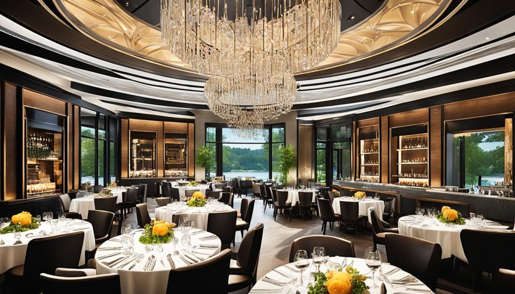 Elegant fine dining restaurant with round tables, black chairs, white linens, crystal chandelier, waterfront views, and yellow floral centerpieces
