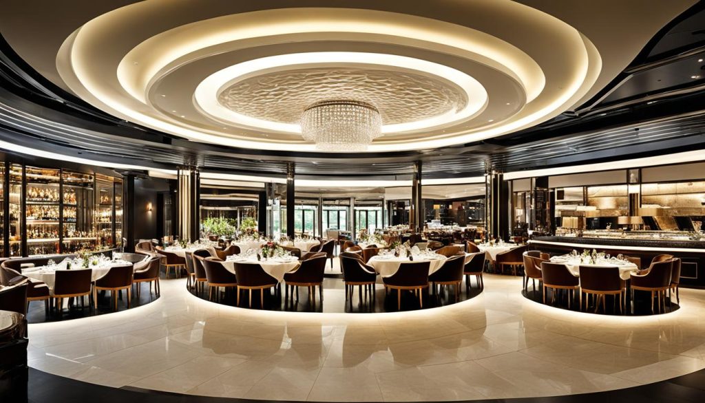Luxurious modern restaurant dining room with circular ceiling fixture, round tables with brown chairs, white tablecloths, dark walls, ambient lighting, and bar