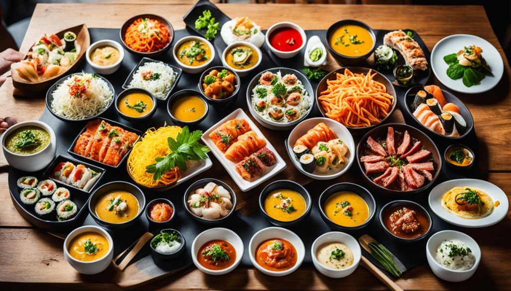 Overhead view of an elaborate Asian fusion feast spread on a wooden table featuring sushi, sashimi, spring rolls, curries, noodles, dumplings, and various sauce