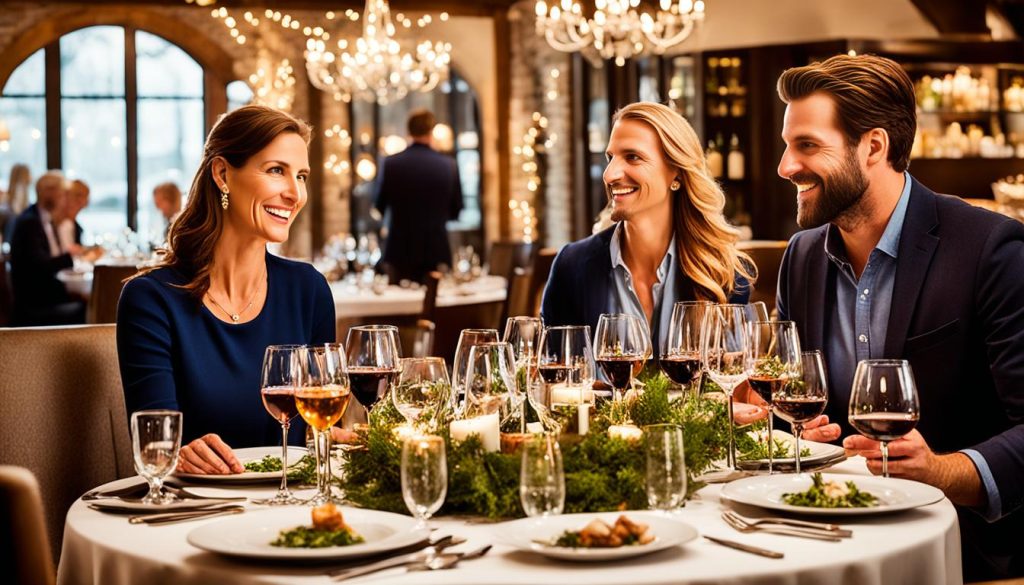 Three well-dressed professionals dining at an elegant restaurant with wine glasses, hop garlands, chandeliers, and formal place settings