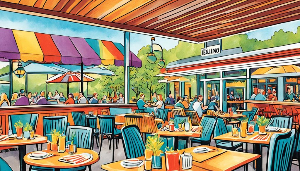 Vibrant illustration of a modern restaurant patio with colorful umbrellas, wooden tables, teal chairs, hop plants, and diners under a striped awning